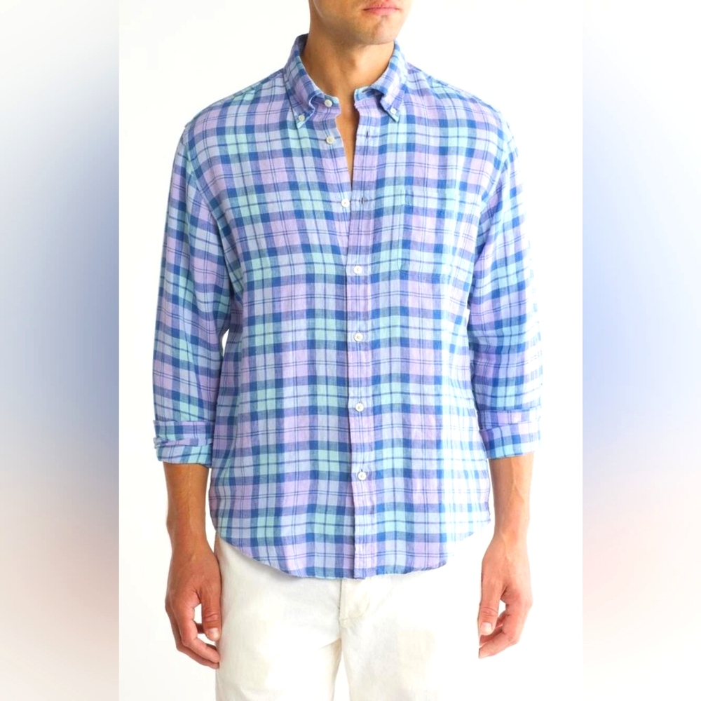 Brooks Brothers Regular Fit Plaid Linen Button-Down Shirt Blue Lavender Large
